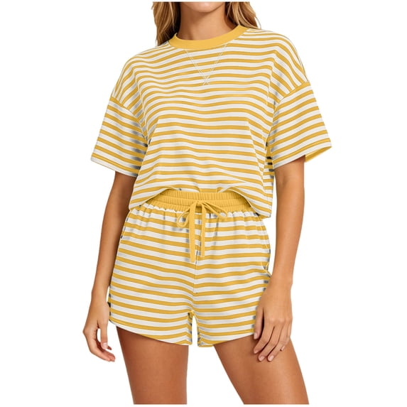 PRINxy Women's Striped 2 Piece Casual Set, Crew Neck Short Sleeve Tee Elastic Waist Drawstring Shorts Soft Summer Loungewear Yellow XXL