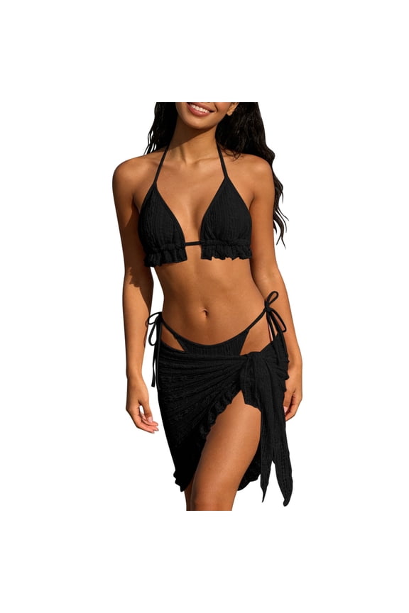 Women's Summer Special Fabric Fringe Detail 3‑Piece Bikini Swimsuit Set Beach Bathing Suit Black M