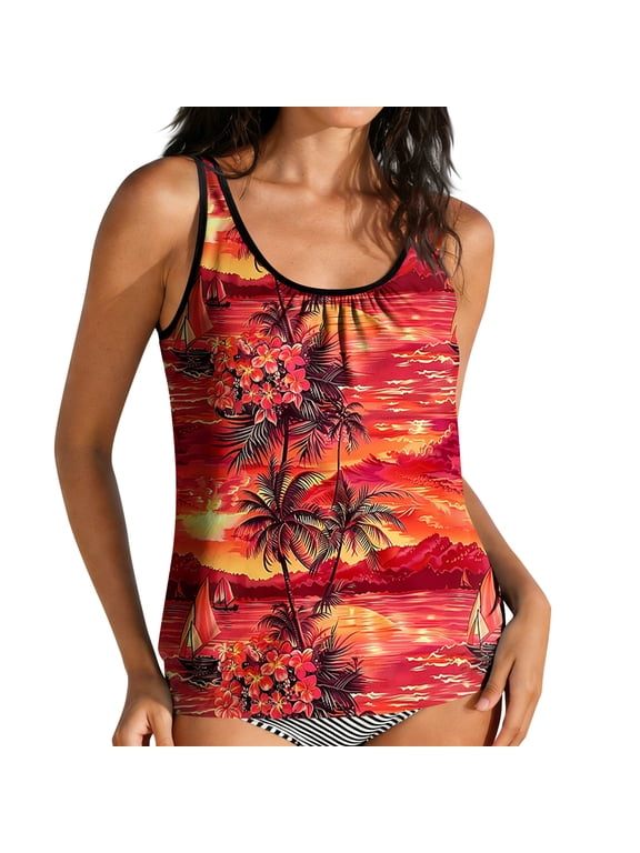 Women's Sunset Floral Pattern Tankini Top Sleeveless Ruched Neckline Warm Tone Print Top for Summer Beach & Pool Multicolor L