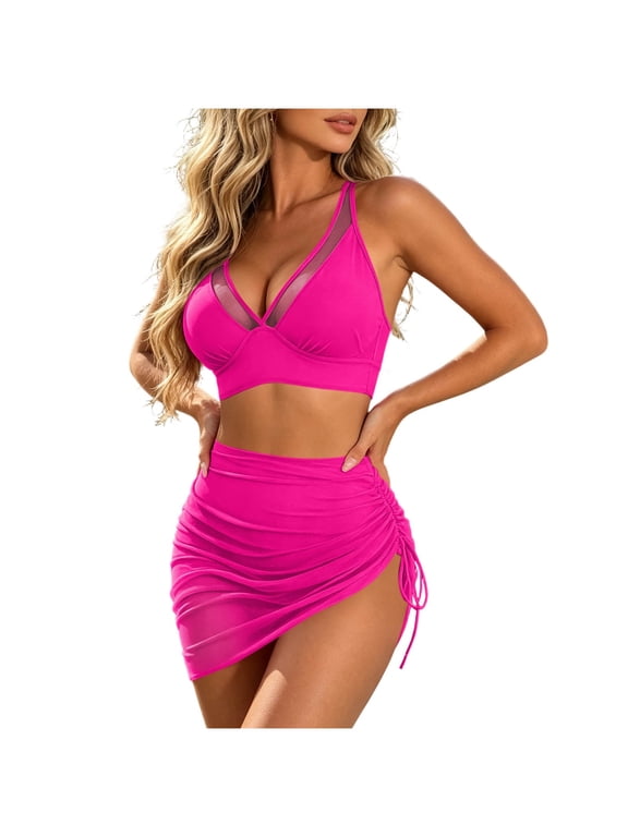 PRINxy Women's Three Piece Swimsuit, Mesh Crop Top with Drawstring Casual Skirt for Leisure Swimming Hot Pink M