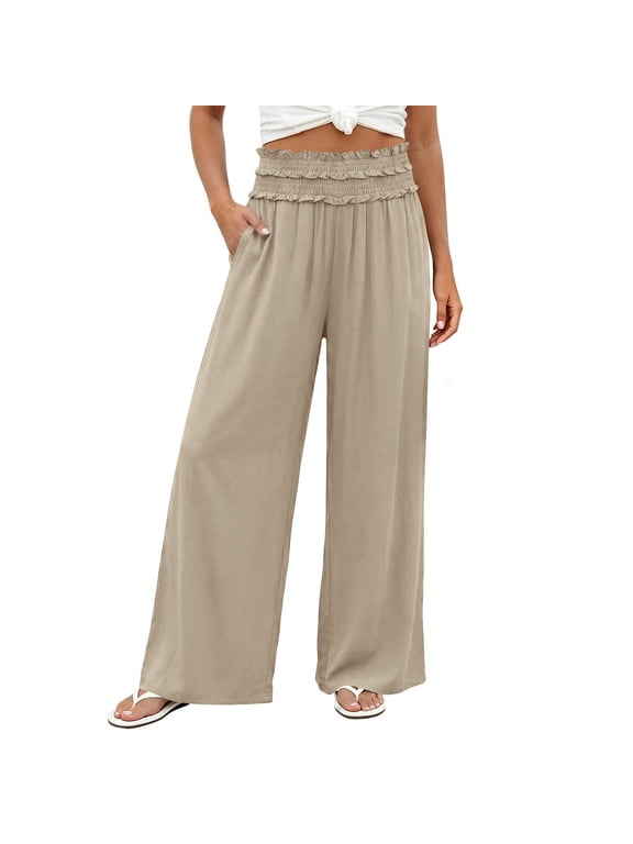 Women’s Tiered Smocked Waist Wide Leg Pants, Slim Cut Casual Trousers with slim side pocket placement Beige XXL