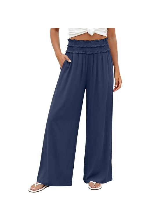 Women’s Tiered Smocked Waist Wide Leg Pants, Slim Cut Casual Trousers with slim side pocket placement Navy XXL
