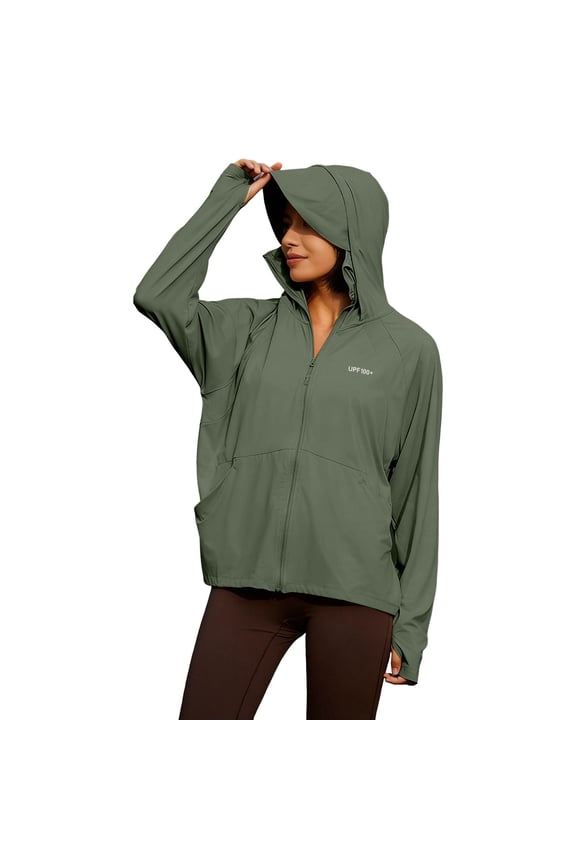 Women's UPF 100+ Hooded Zip Up Sun Protection Jacket Moss Olive Tone Solid Thumb Pocket Outdoor Hiking Casual Top Army Green XXL