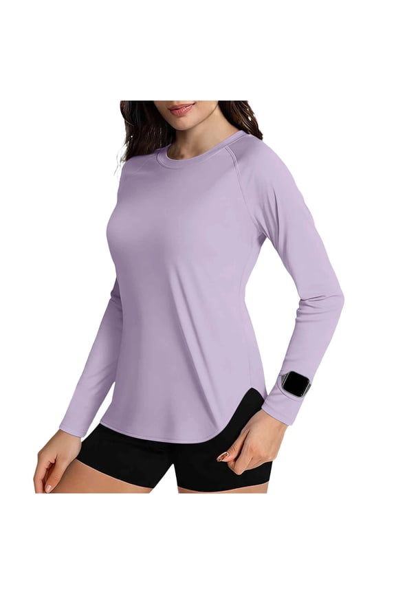 Women's UPF 50+ Sun Protection Long Sleeve Top Deep Moss Army Tone Crew Neck Raglan Sleeve Thumb Hole Quick Dry Outdoor Blouse Purple S