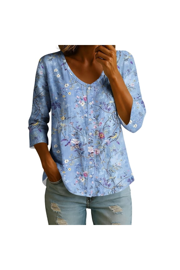 Women's V Neck 3/4 Sleeve Button Down Blouse Sky Blue Tone with Bird Floral Print Casual Top for Daily Wear Summer Vacation Multicolor S