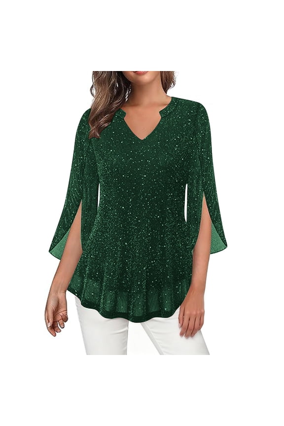 Women's V Neck 3/4 Sleeve Glitter Tunic Deep Emerald Tone Solid Sparkly Flared Split Sleeve Party Evening Top Army Green XXL