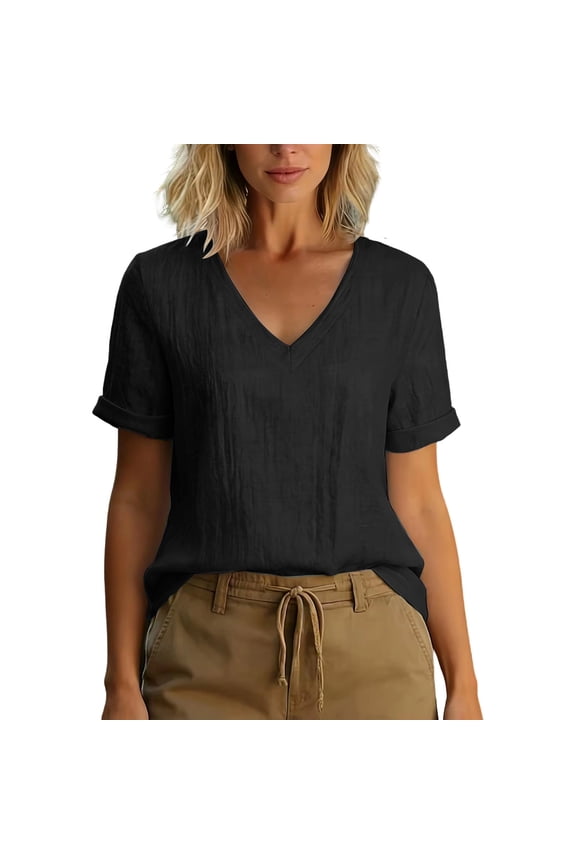 Women's V Neck Cuffed Short Sleeve Linen Blouse Midnight Tone Solid Crinkled Relaxed Fit Casual Tee for Summer Daily Vacation Black M