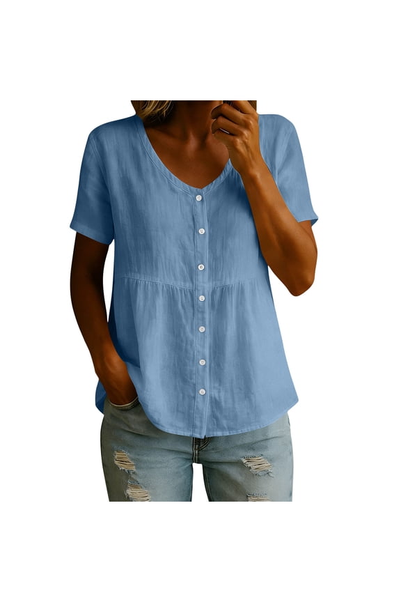 Women's V Neck Short Sleeve Button Down Blouse Deep Emerald Tone Solid Peplum Casual Top for Daily Wear Summer Vacation Blue S
