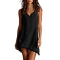thumbnail image 1 of PRINxy Women's V Neck Spaghetti Strap Fringe Trim Cotton Linen Dress Asymmetric Hem Casual Short Dress for Summer Beach Vacation Black L, 1 of 9