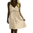 thumbnail image 1 of PRINxy Women's V Neck Spaghetti Strap Short Dress Hollow Out Waist Trim Cotton Linen Casual Summer Dress for Beach Vacation Daily Wear Beige L, 1 of 9
