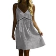 thumbnail image 1 of PRINxy Women's V Neck Spaghetti Strap Short Dress Hollow Out Waist Trim Cotton Linen Casual Summer Dress for Beach Vacation Daily Wear Gray S, 1 of 9