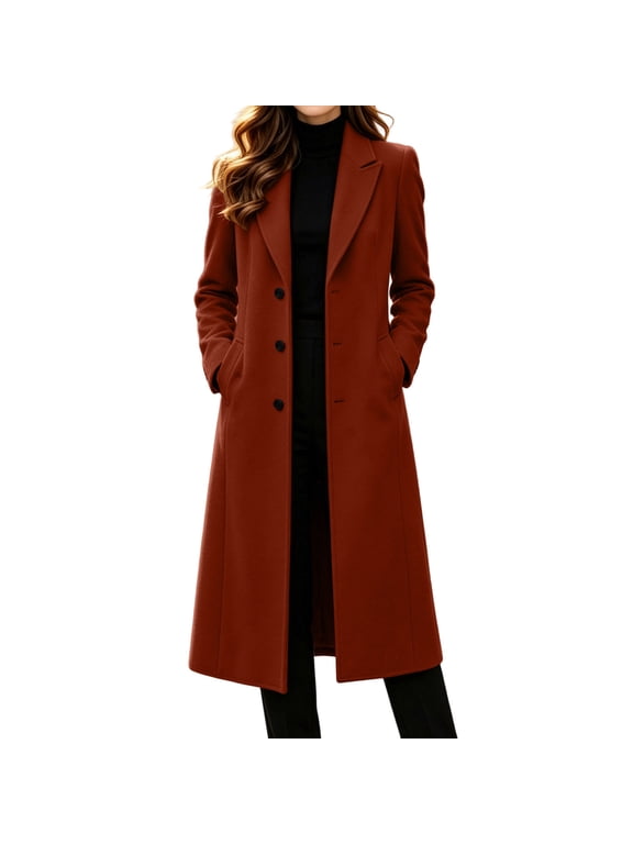 Women's Warm Wool Long Sleeve Notch Lapel Three Button Long Coat with Side Pockets for Fall Winter Office Orange M