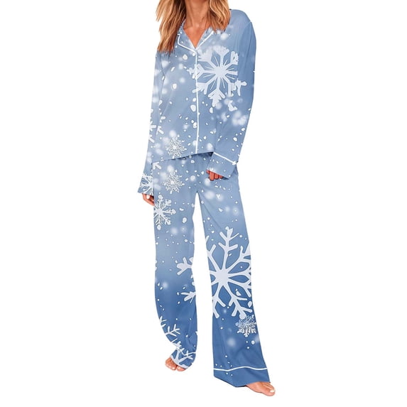 PRINxy Women's Winter Snowflake Print Long Sleeve Lapel Pajama Set Holiday Season Warm Casual Nightwear Light Blue XL