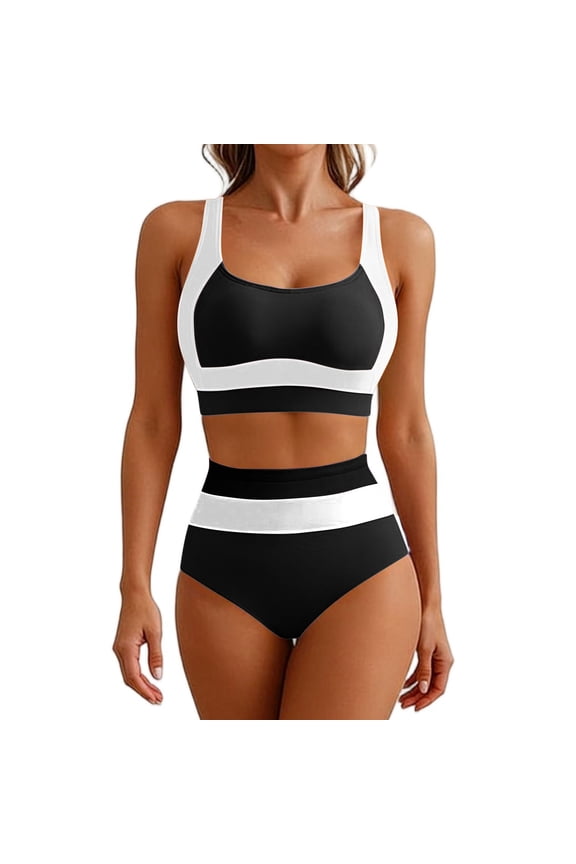 Womens Swimsuit Set Round V Neck Colorblock Buckle Swimwear Conservative Style for Beach Water Park Black M