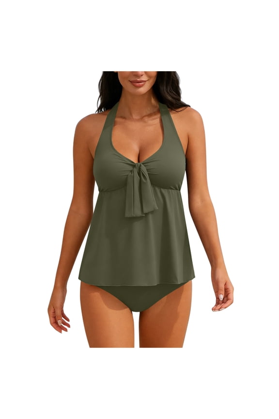 Womens Swimsuit Set Solid Padded Halter Swimwear Backless Design for Resort Seaside Daily Wear Army Green XL