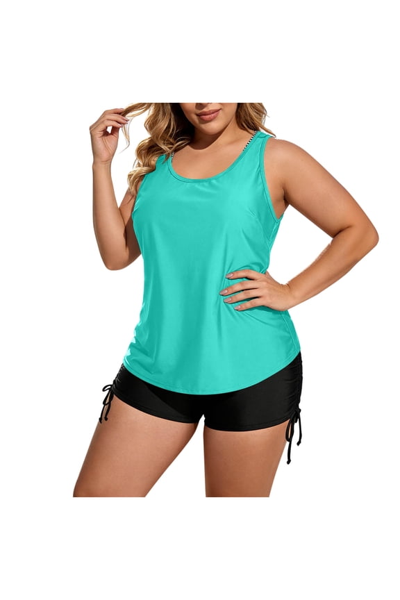 Womens Swimsuit Set Striped Vest 3 Piece Tankini Loose Drawstring Padded for Plus Size Beach Wear Mint Green S