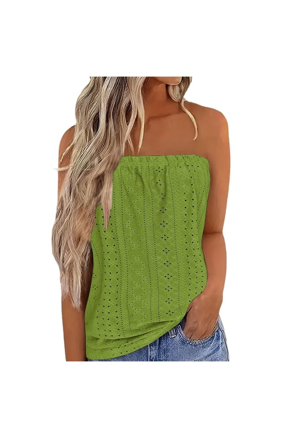 women strapless tube top ruched waist solid eyelet embroidery sleeveless cami casual beach stroll wear stretch bandeau blouse with textured cutout detail Green XXL