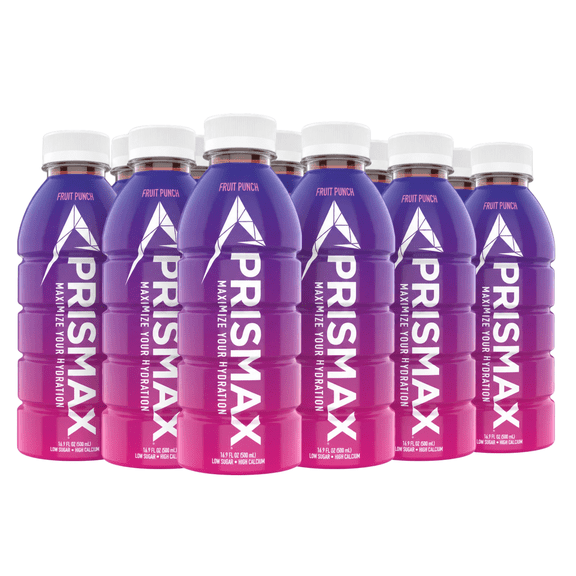 PRISMAX Fruit Punch Hydration Sports Drink, Electrolyte Beverage with Calcium & 7 Vitamins, Low Sugar, Ready to Drink, 16.9 fl oz Bottles, 12 Pack