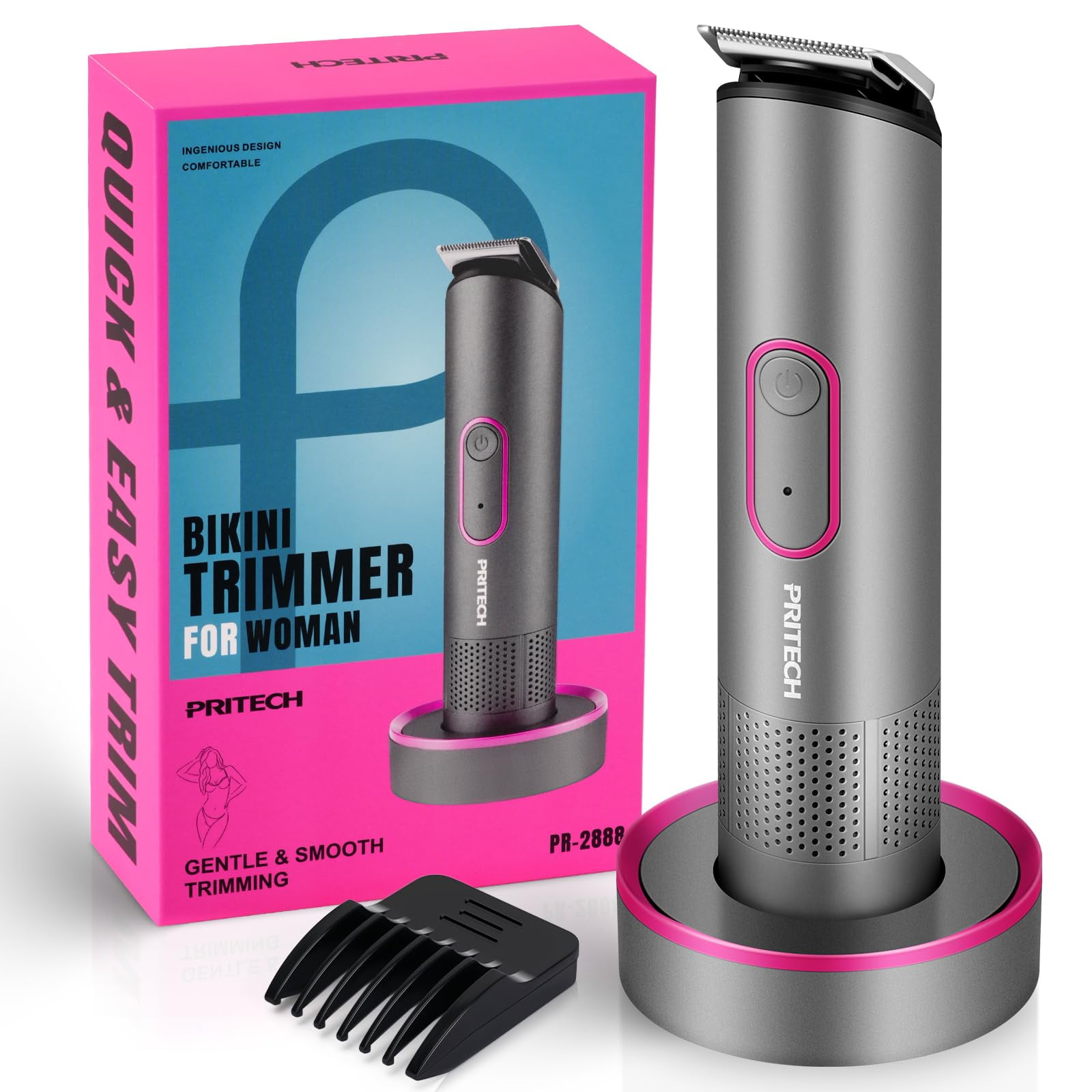 PRITECH Bikini Trimmer for Women-Painless Electric Razor for Sensitive Skin with Recharge Dock, Waterproof Wet & Dry, Slate Gray