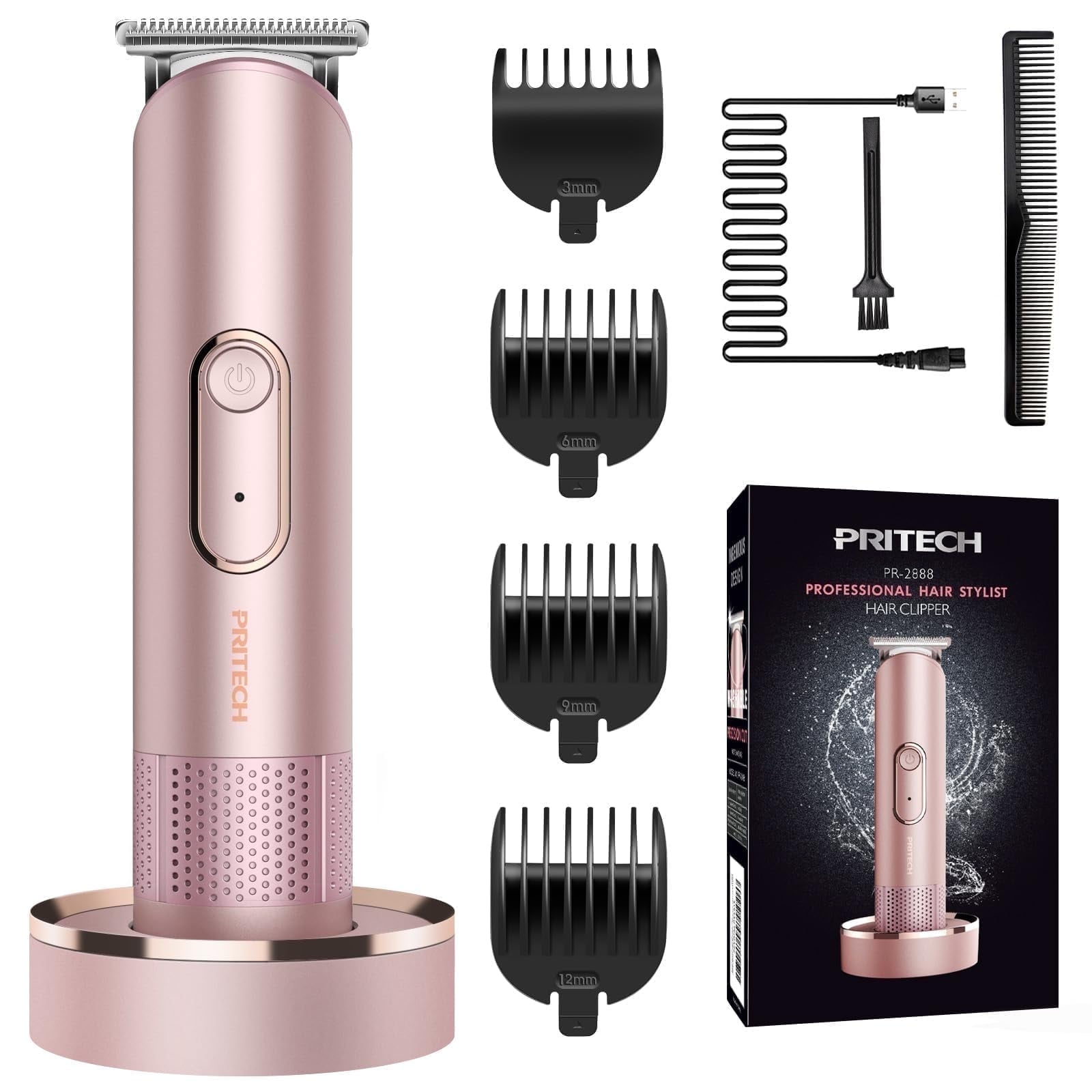 PRITECH Bikini Trimmer for Women - Rechargeable Pubic Hair Trimmer for Sensitive Skin, Wet & Dry Use, Pain-Free Electric Razor&Shaver with Standing Recharge Dock, Ideal Gift for Women, Rose Gold