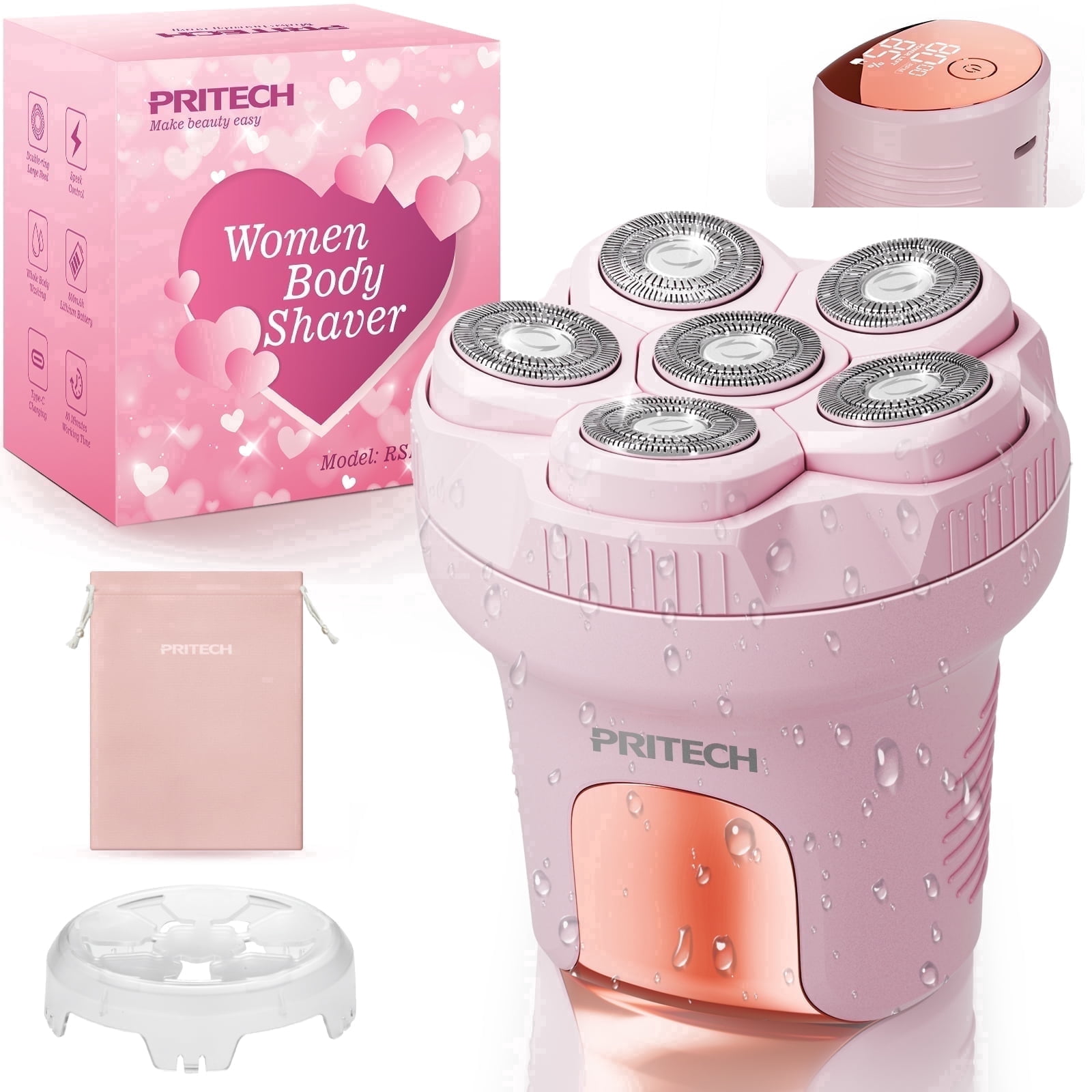 PRITECH Electric Razors for Women, Easy-Clean 6D Body Shaver, Wet & Dry Waterproof Bikini Trimmer, Lady Hair Removerfor Face Legs, and Arm (Pink)