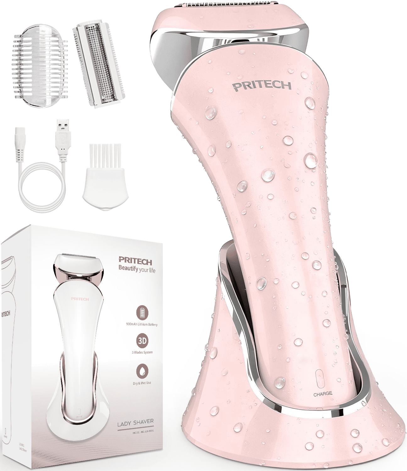 PRITECH Electric Razor for Women, Cordless Electric Shavers, Wet & Dry Waterproof Lady Razors for Legs, Arms, Underarms, Bikini (Pink)