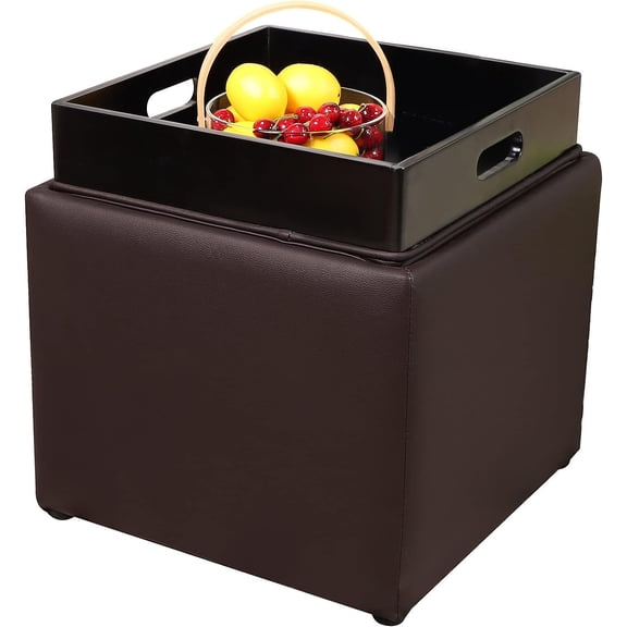 PRIVATE GARDEN Square Storage Ottoman with Tray, Faux Leather Upholstered Footrest Stool, Seat as Side Table Coffee Table for The Living Room, Bedroom, Contemporary (Black Brown/Dark Brown)