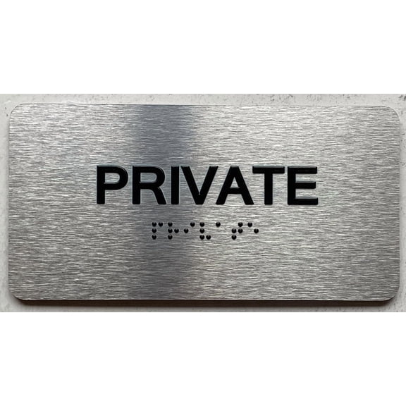 PRIVATE SIGN WITH RAISED LETTERS/IMAGE & GRADE 2 BRAILLE - INCLUDES RED ADHESIVE PAD FOR EASY INSTALLATION (4" W X 8" H,BRUSHED ALUMINUM/SILVER, TACTICLE SIGN) - THE PARK AVE LINE