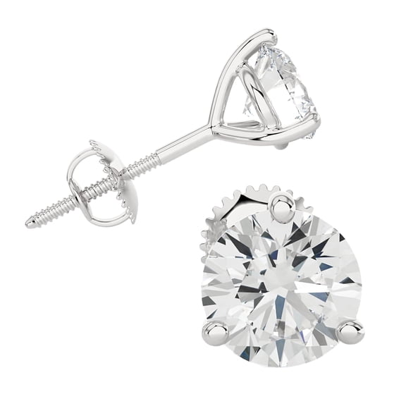 PRIVOSA Lab Grown Diamond Stud Earrings 5.00 Carat 14K White Gold 3 Prong Martini Set Screw Back D-E VVS1 VVS2 Round Studs