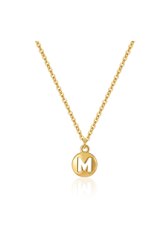 14K Gold Plated Hollow Cutout M Initial Round Coin Dainty Rolo Chain Necklace for Women