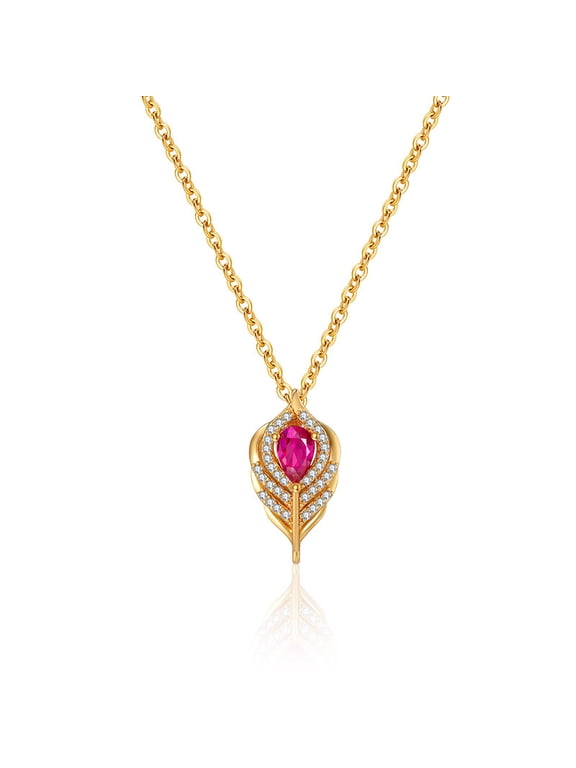 14k Gold Plated Teardrop Ruby & Pave Cubic Zirconia Leaf Pendant Delicate Chain Necklace for Women