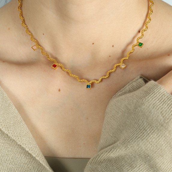 PRIYAL 18K Gold Plated Multicolor Stone Crystal Necklace for Women