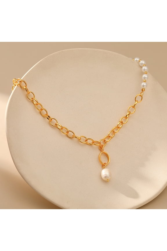 Asymmetrical Mixed Chain Baroque Pearl Drop Y-Shape Lariat Necklace for Women