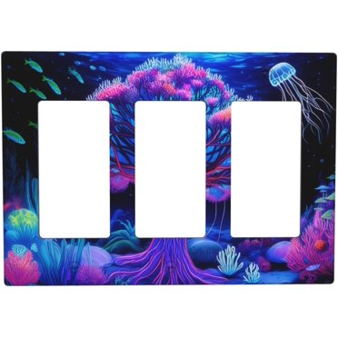 PRIYAL Blacklight Tree Jellyfish Colorful Plant Marine Life Triple Rocker /4.49x6.38IN Light Switch Covers Plate Decorative Wall Plate Coves Electrical Switchplate for Bathroom Decor