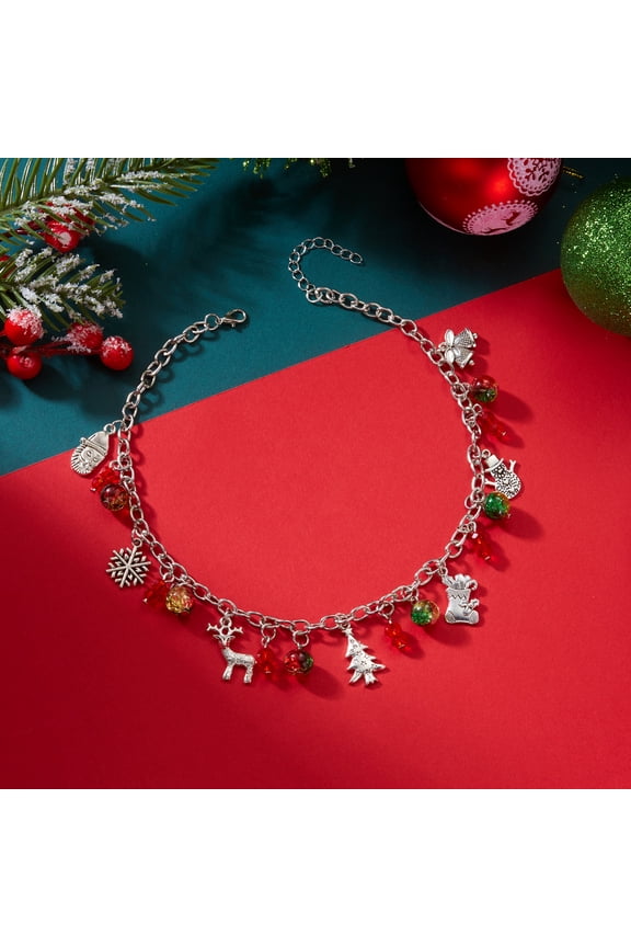 Bohemian Christmas Necklace with Golden-Tone Bell, Snowflake, Candy Cane & Reindeer Pendants - Layered Golden Chain