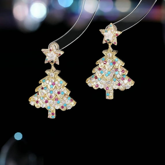 PRIYAL Bohemian Christmas Tree Earrings with Rhinestones & Acrylic Bow Design - 3-Color Layered Holiday Party Jewelry in White, Green, Pink for Festive Outfits