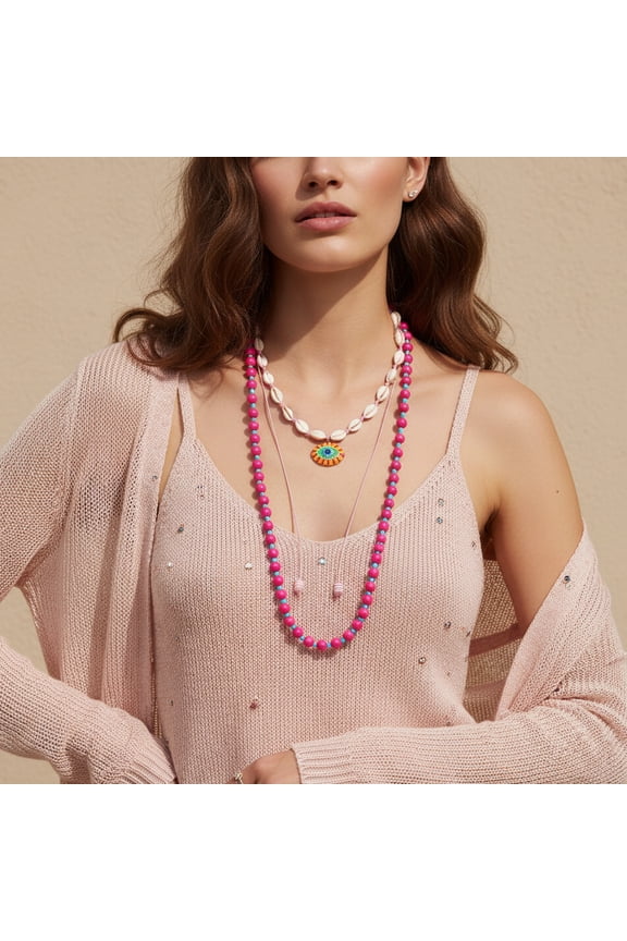 Boho Layered Beaded Necklace, Pink Turquoise Bead Natural Cowrie Shell Sun Pendant Adjustable Summer Vacation Jewelry for Women