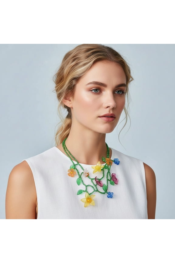 Boho Layered Seed Bead Woven Flower Vine Necklace, Colorful Resin Floral Nature Inspired Neck Accessory for Women