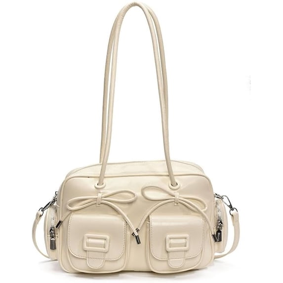 KKLDOGS Bow Decor Multi-pocket Shoulder Bag, Large Capacity PU Leather Handbag, Versatile Crossbody Travel Tote Purse with Detachable Strap(Beige)