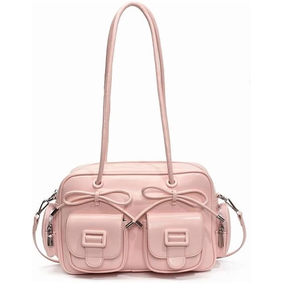 KKLDOGS Bow Decor Multi-pocket Shoulder Bag, Large Capacity PU Leather Handbag, Versatile Crossbody Travel Tote Purse with Detachable Strap(Pink)