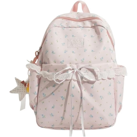 KKLDOGS Cute Backpack Coquette Floral Back Pack with Lace Trim & Plush Charm Kawaii Backpack for Classes Travel