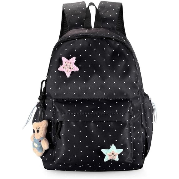 PRIYAL Cute Backpack Kawaii Polka Dot Backpack Aesthetic Rucksack Travel Daypack with Star Pins and Bear Pendant