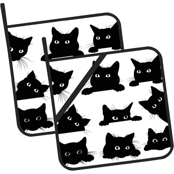 PRIYAL Cute Black Cat Pot Holders Set of 2 Kitchen Heat Resistant Potholder for Microwave Cooking Baking Oven End Dishes and BBQ