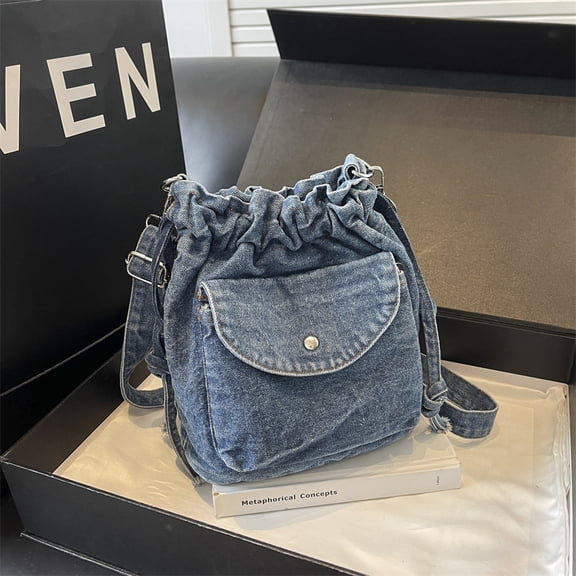 KKLDOGS Denim Crossbody Bag for Women, Small Lightweight Bucket Purse with Drawstring, Mini Y2k Preppy Canvas Shoulder Tote Handbag