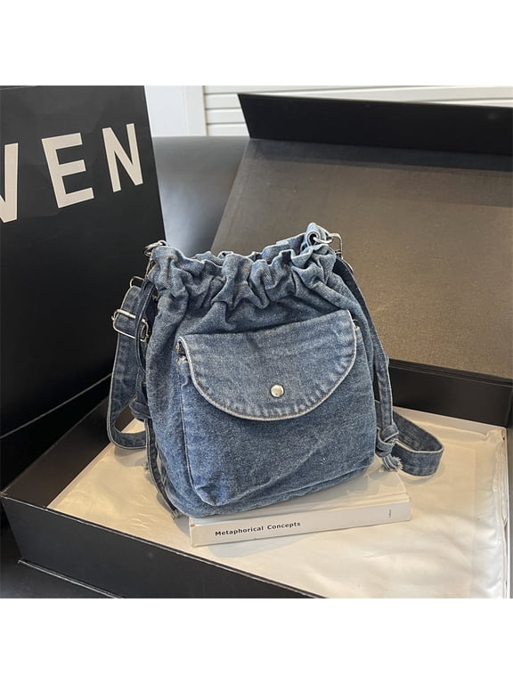 Denim Crossbody Bag for Women, Small Lightweight Bucket Purse with Drawstring, Mini Y2k Preppy Canvas Shoulder Tote Handbag