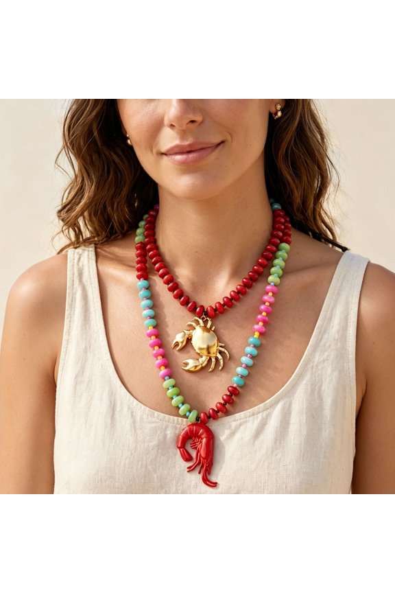Double Layer Colorful Beaded Statement Necklace, Gold Crab Charm & Red Enamel Shrimp Pendant Boho Summer Beach Necklaces for Women