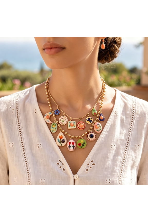 Double Layered Vintage Cottagecore Multi-Shaped Floral Enamel Gold Bead Necklace