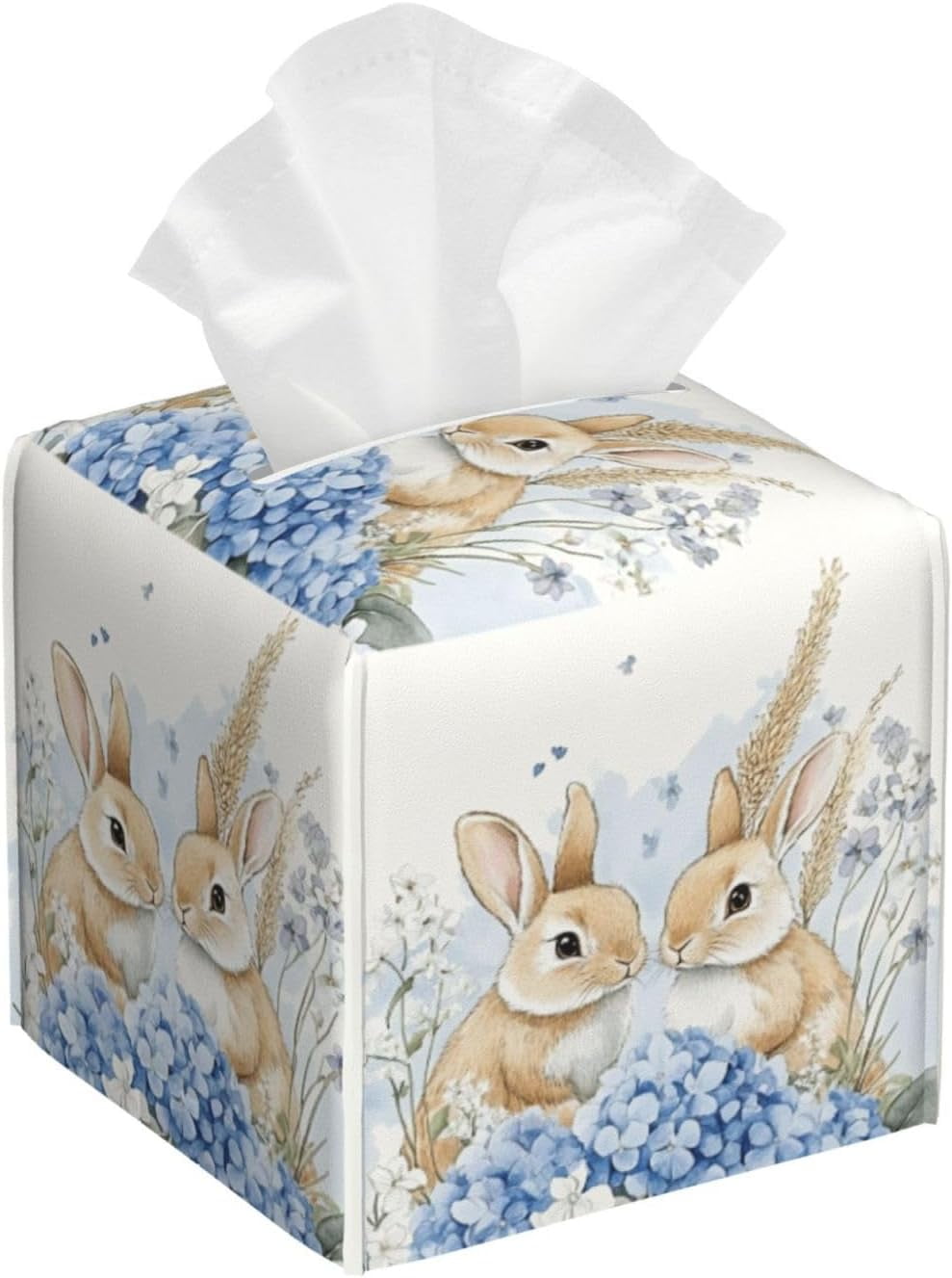 PRIYAL Easter Cute Bunny Rabbits Tissue Box Cover Blue Florals Flowers ...