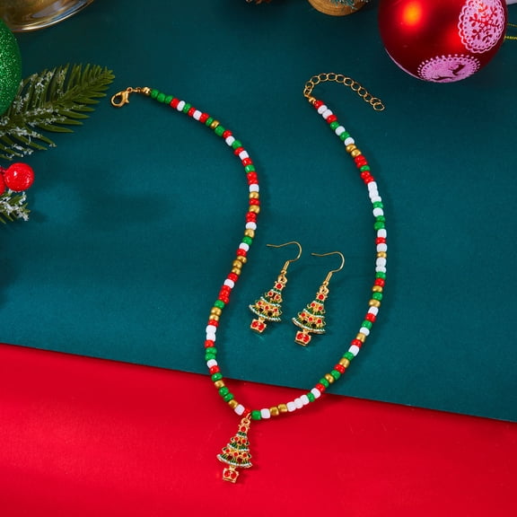 PRIYAL Elegant Christmas Tree & Snowflake Beaded Necklace and Earring Set for Women - Colorful Zinc Alloy Jewelry with Golden Accents, Perfect for Holiday Parties and Celebrations