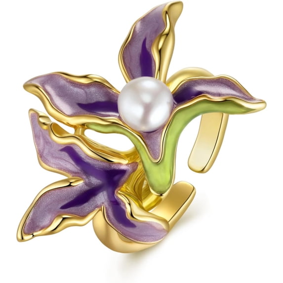 PRIYAL Gold Purple Enamel Floral Pearl Adjustable Statement Open Ring for Women, Violet Orchid Flower Leaf Summer Beach Handmade Unique Band, Chunky Stackable Cute Cuff Cocktail Ring Birthday Gift